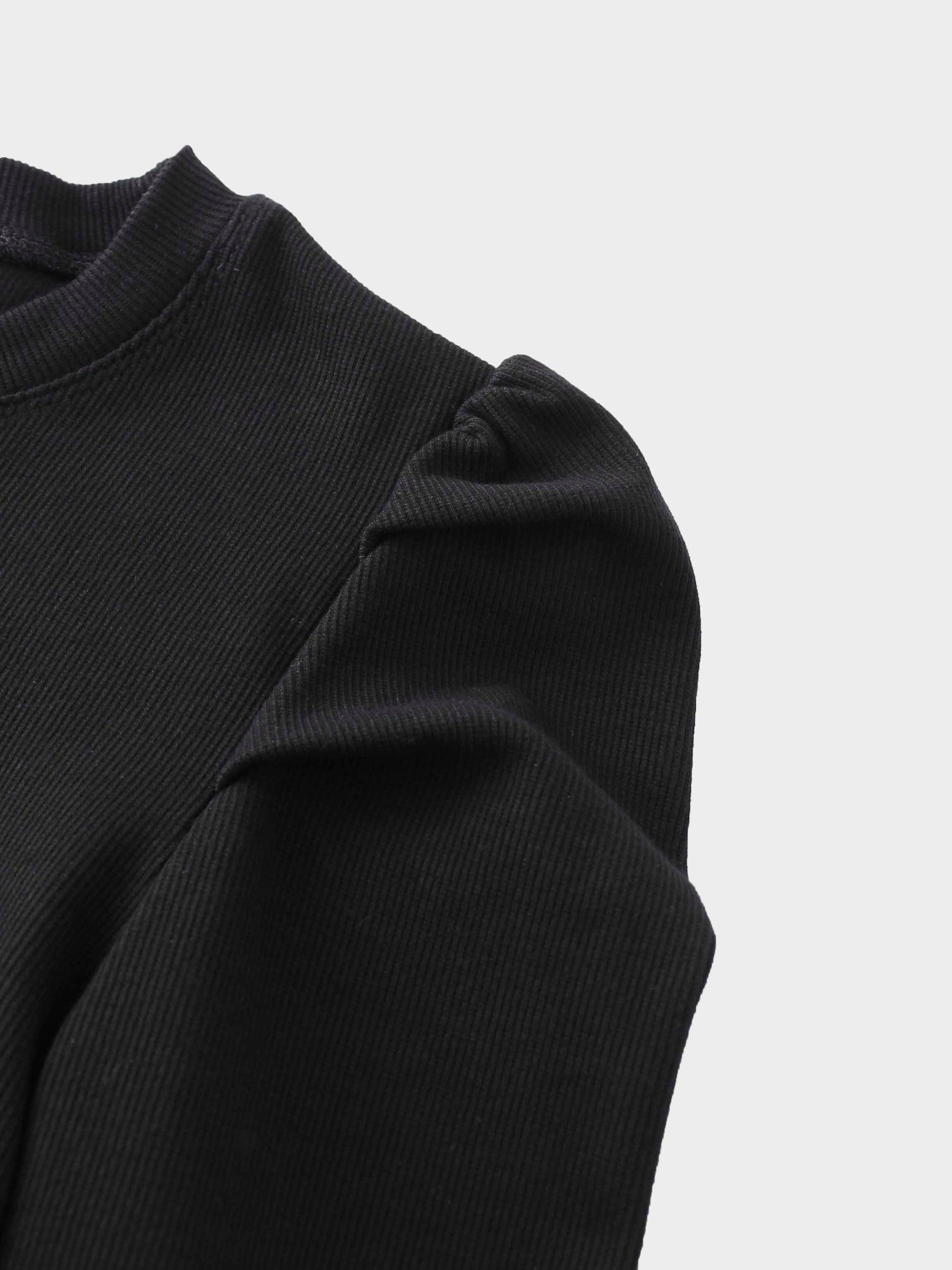Ribbed Crew Neck Puff Sleeve Top-Black-4