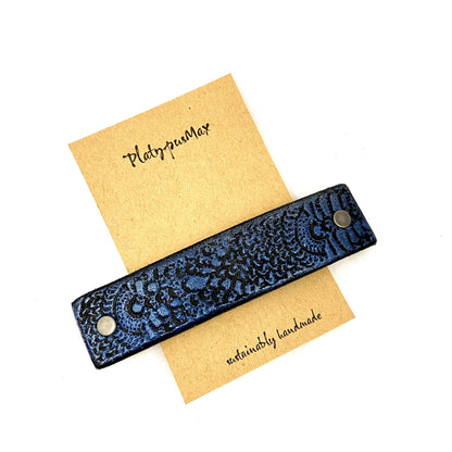 Cobalt Blue & Black Lace Texture Leather Hair Barrette-1