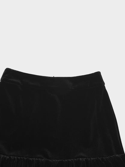 Double Layer Pleated Bottom Velvet Skirt-Black-2