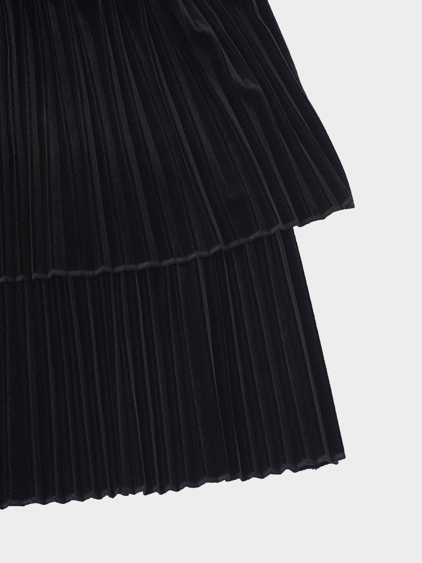 Double Layer Pleated Bottom Velvet Skirt-Black-3