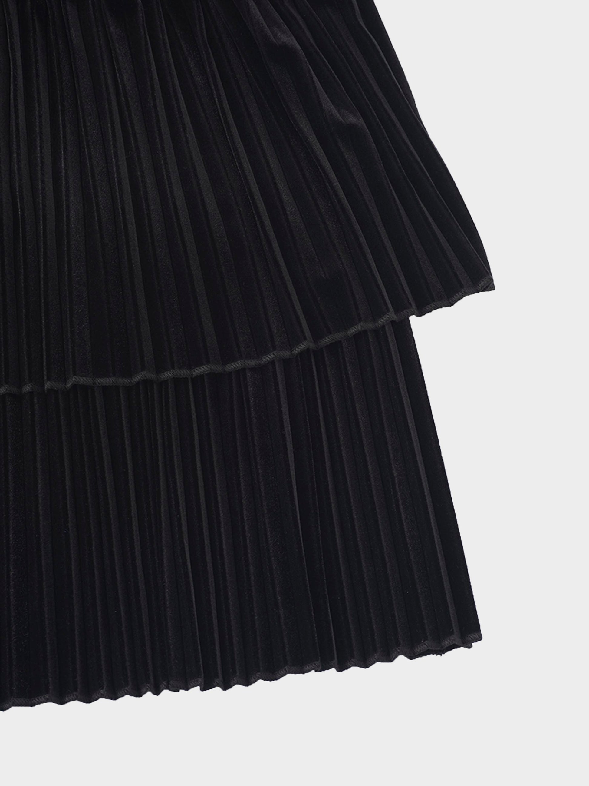Double Layer Pleated Bottom Velvet Skirt-Black-3