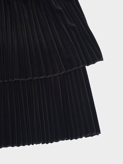 Double Layer Pleated Bottom Velvet Skirt-Black-3