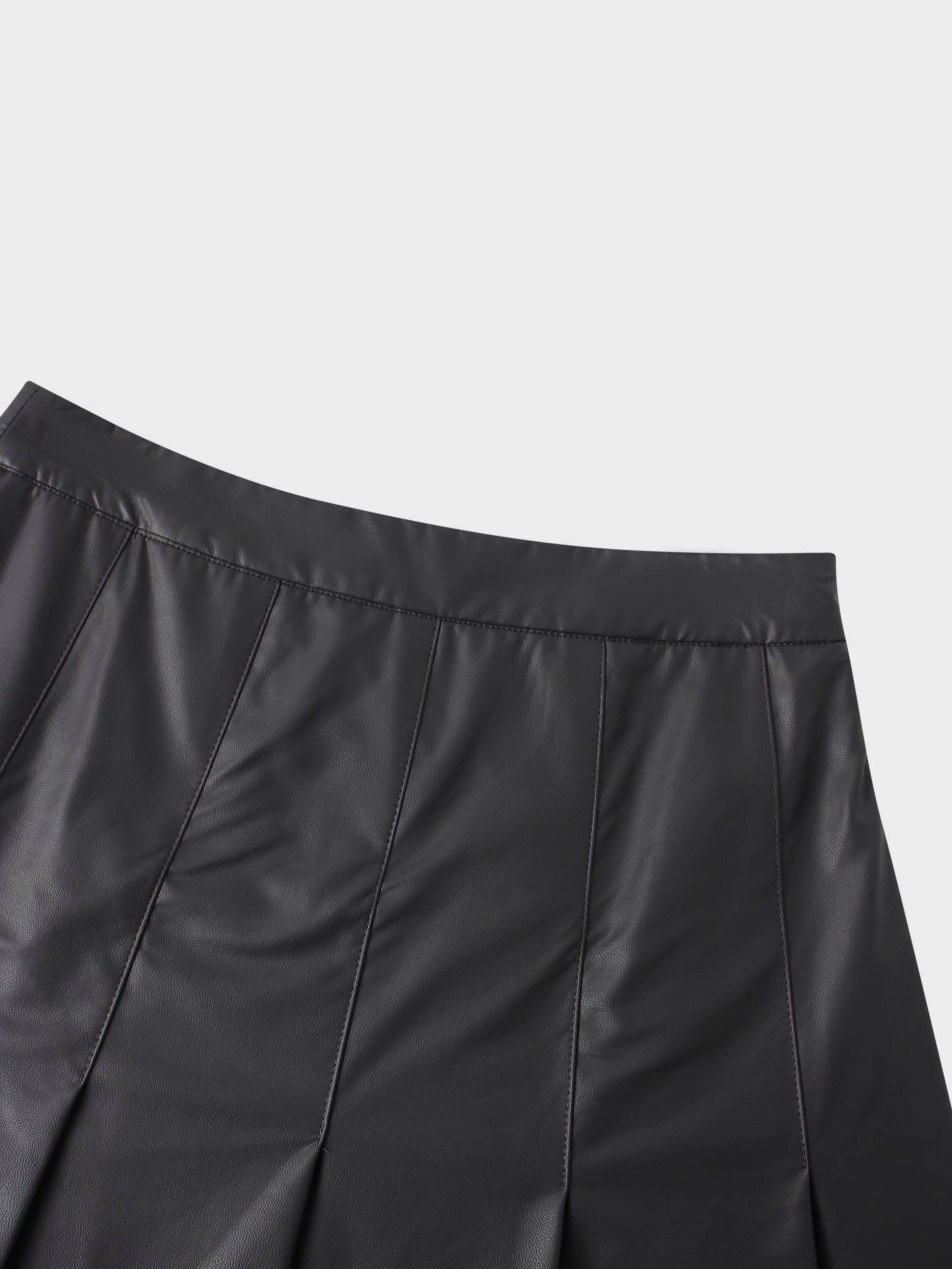 Faux Leather Stitch Down Pleated Skirt-Grey-4