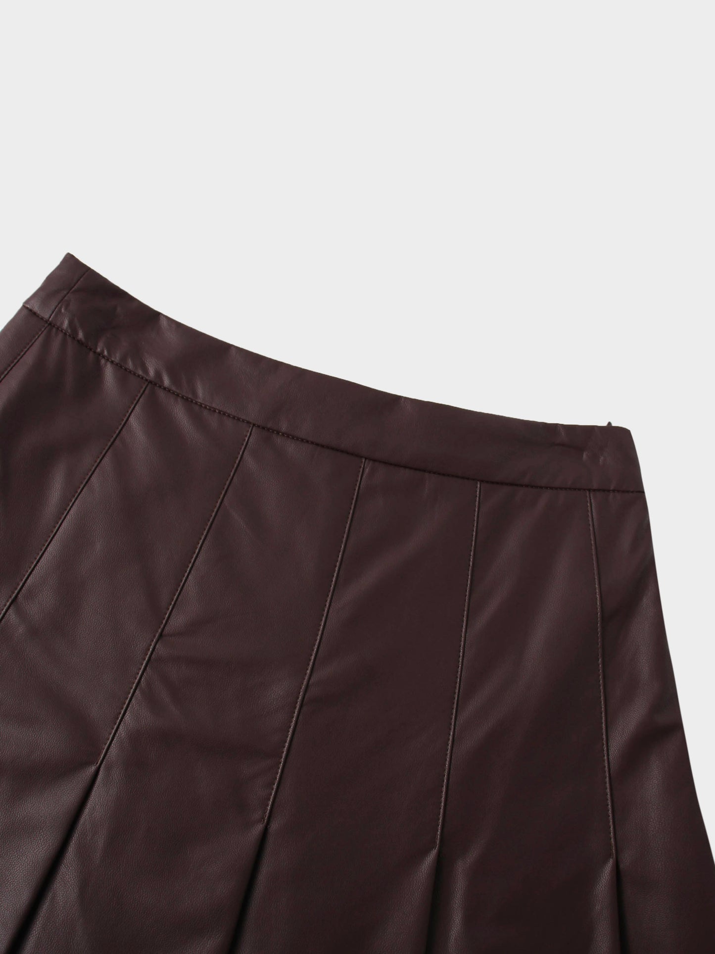 Faux Leather Stitch Down Pleated Skirt-Brown-3