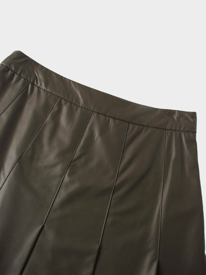 Faux Leather Stitch Down Pleated Skirt-Olive Green-3