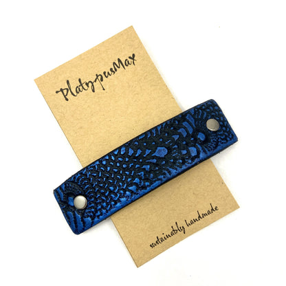 Cobalt Blue & Black Lace Texture Leather Hair Barrette-2