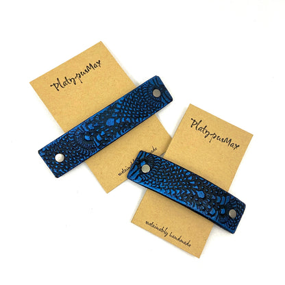 Cobalt Blue & Black Lace Texture Leather Hair Barrette-0