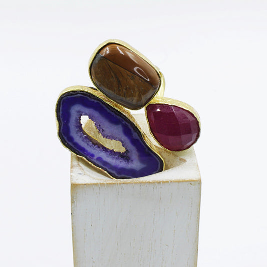 Anillo 3 piedras semipreciosas - bañado en oro-0