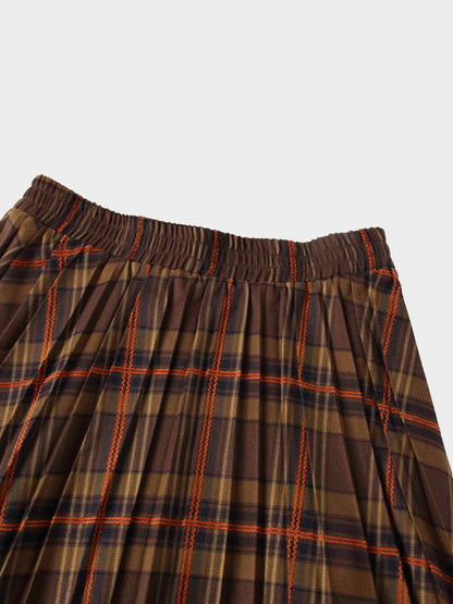 Covered Band Pleated Skirt-Brown/Orange Plaid-3