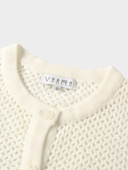 Crochet Knit Button Down Cardigan-White-4