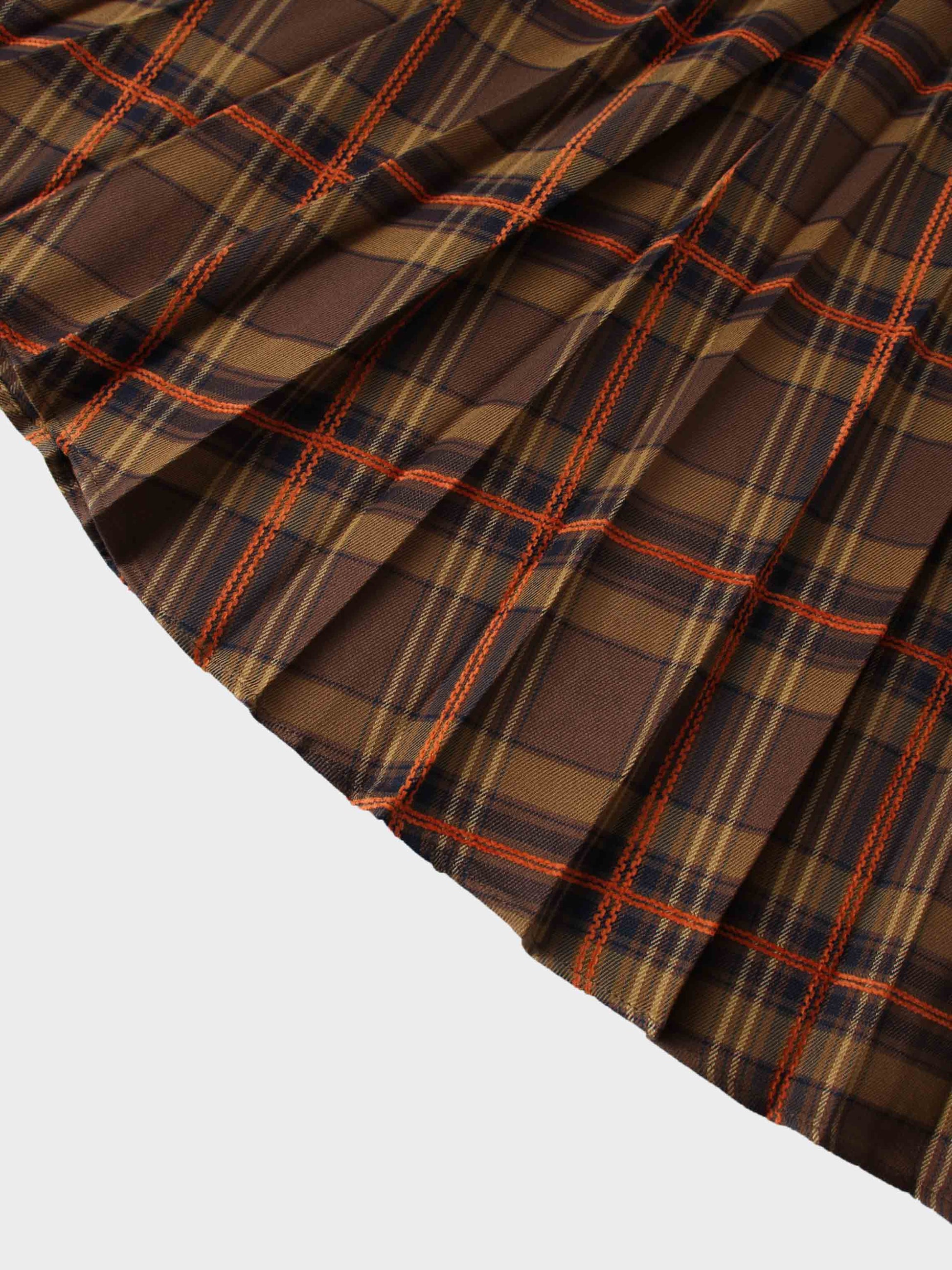 Covered Band Pleated Skirt-Brown/Orange Plaid-4