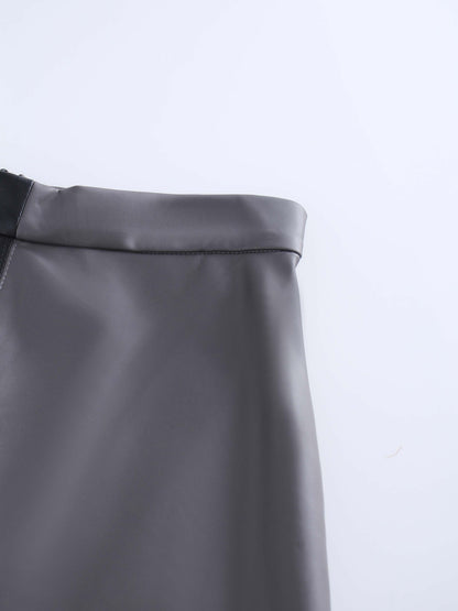 Two Tone Leather Skirt-Black/Grey-3