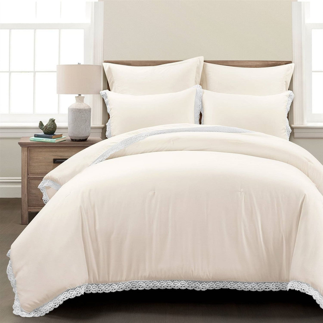 Full/Queen French Country Ivory 5-Piece Lightweight Comforter Set w/ Lace Trim-0