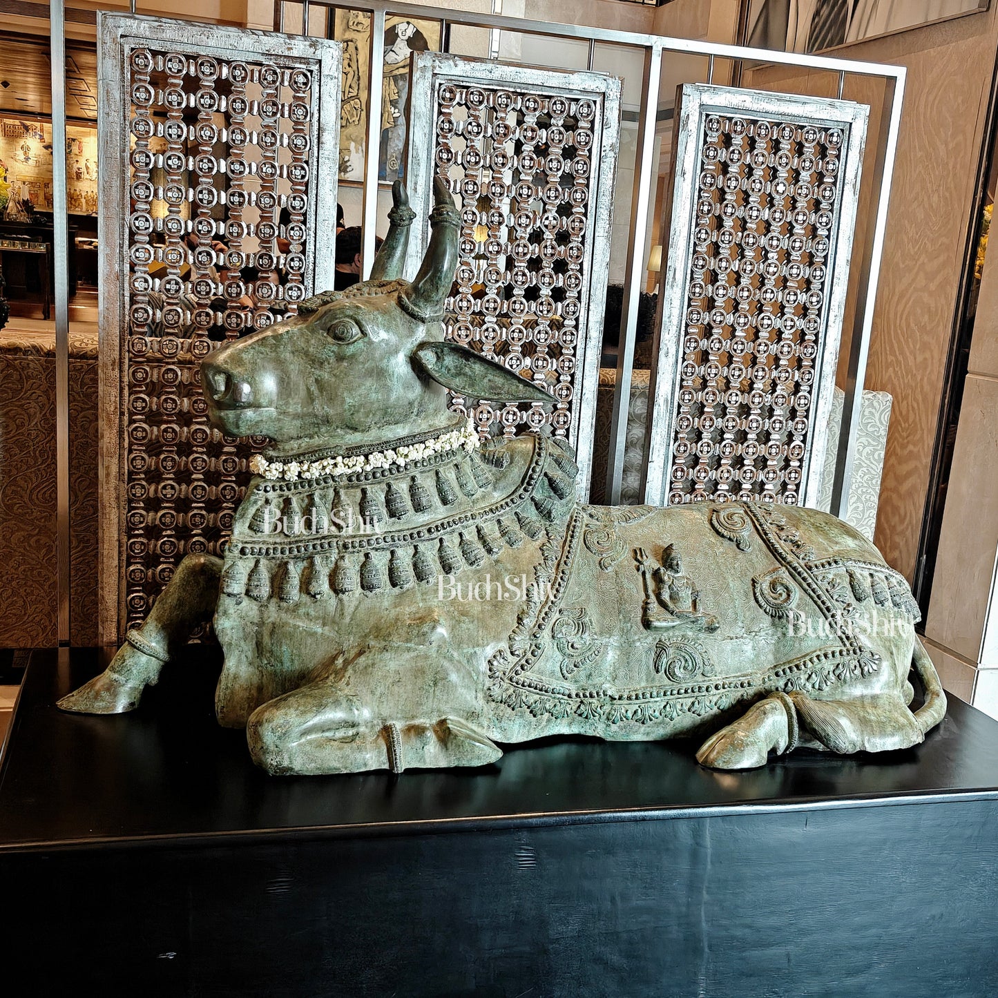 Brass Nandi Statue with Lord Shiva Carvings – Green patina 82"-0