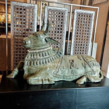 Brass Nandi Statue with Lord Shiva Carvings – Green patina 82"-0