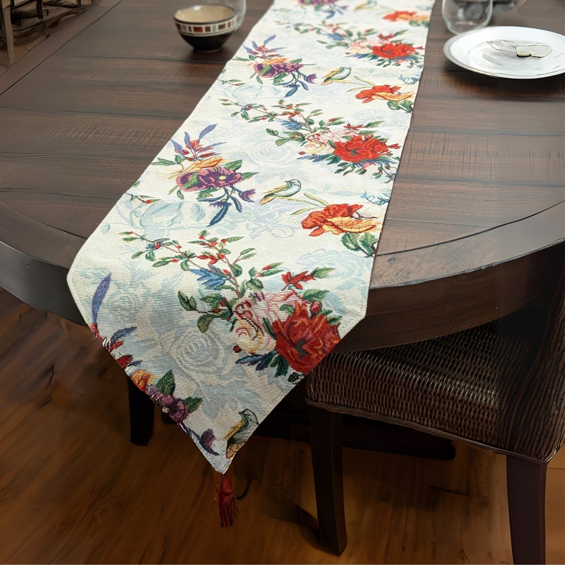 DaDa Bedding Floral Roses Tropical Paradise Birds Woven Tapestry Dining Table Runner (18116)-2
