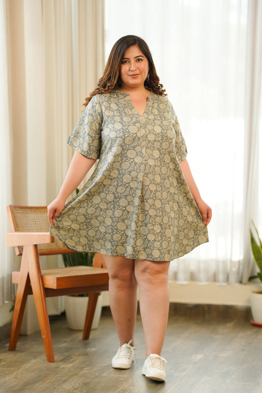 Grey Muslin V-Neck Short Dress-0