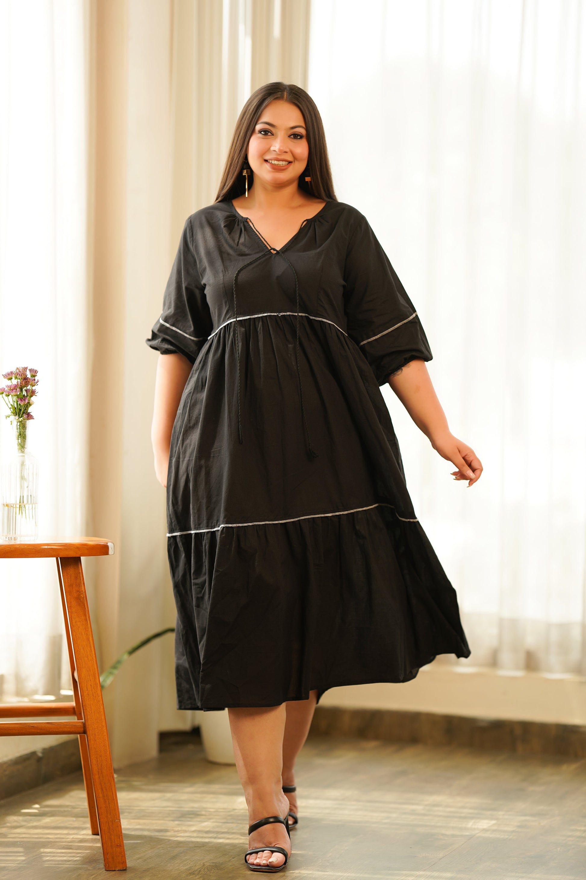 Black Cotton Tiered Dress-0