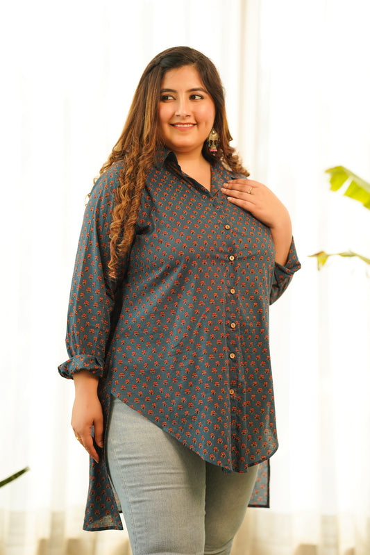 Blue Cotton Booti High Low Shirt Top-0