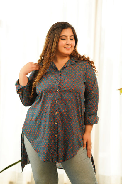 Blue Cotton Booti High Low Shirt Top-1