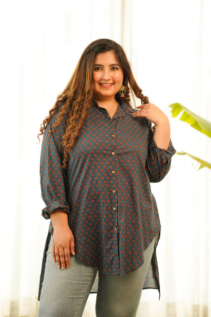 Blue Cotton Booti High Low Shirt Top-2