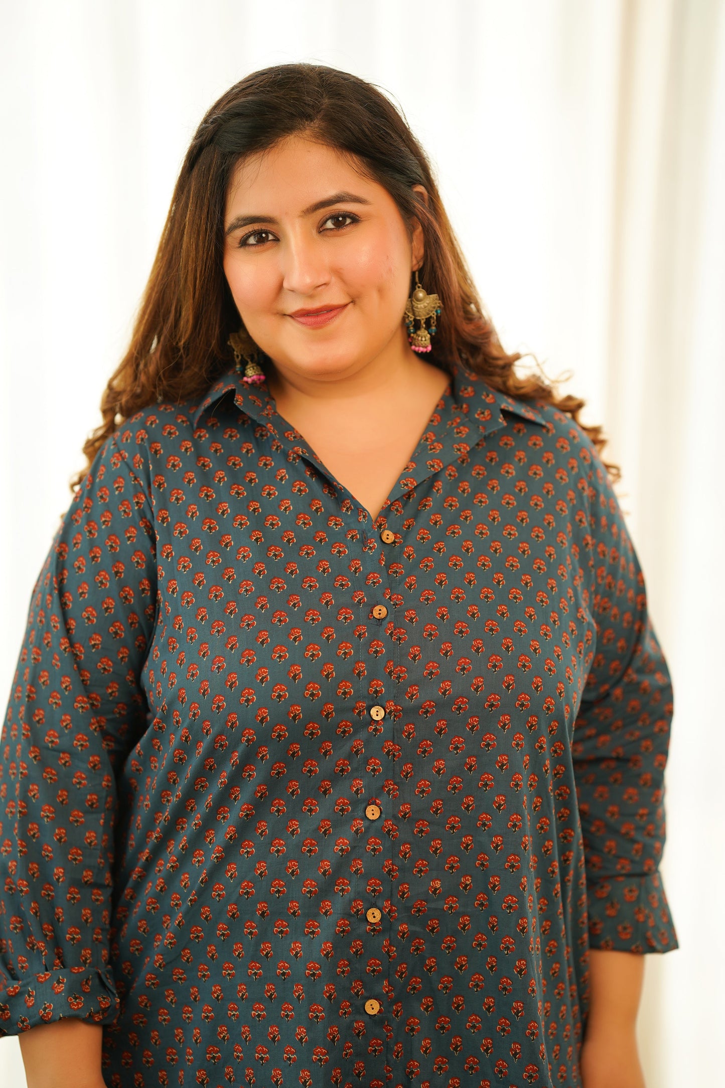 Blue Cotton Booti High Low Shirt Top-3