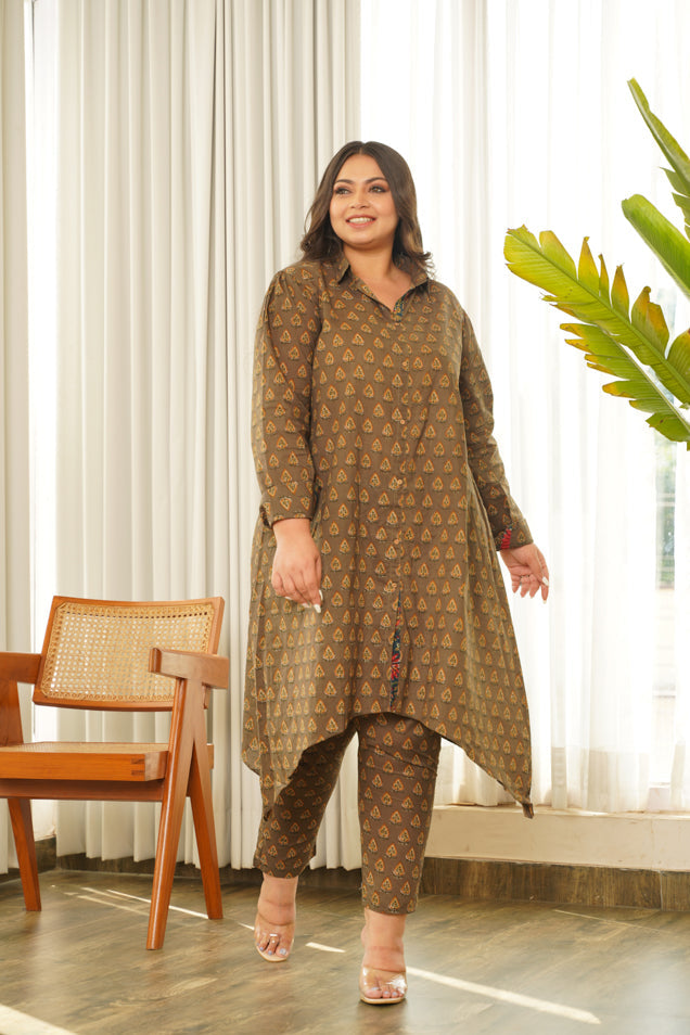 Brown Hi-Lo Cotton Co-ord Set-0