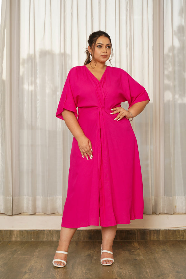 Hot Pink Front Knot V-Neck Dress-2