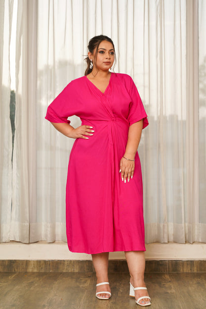 Hot Pink Front Knot V-Neck Dress-4