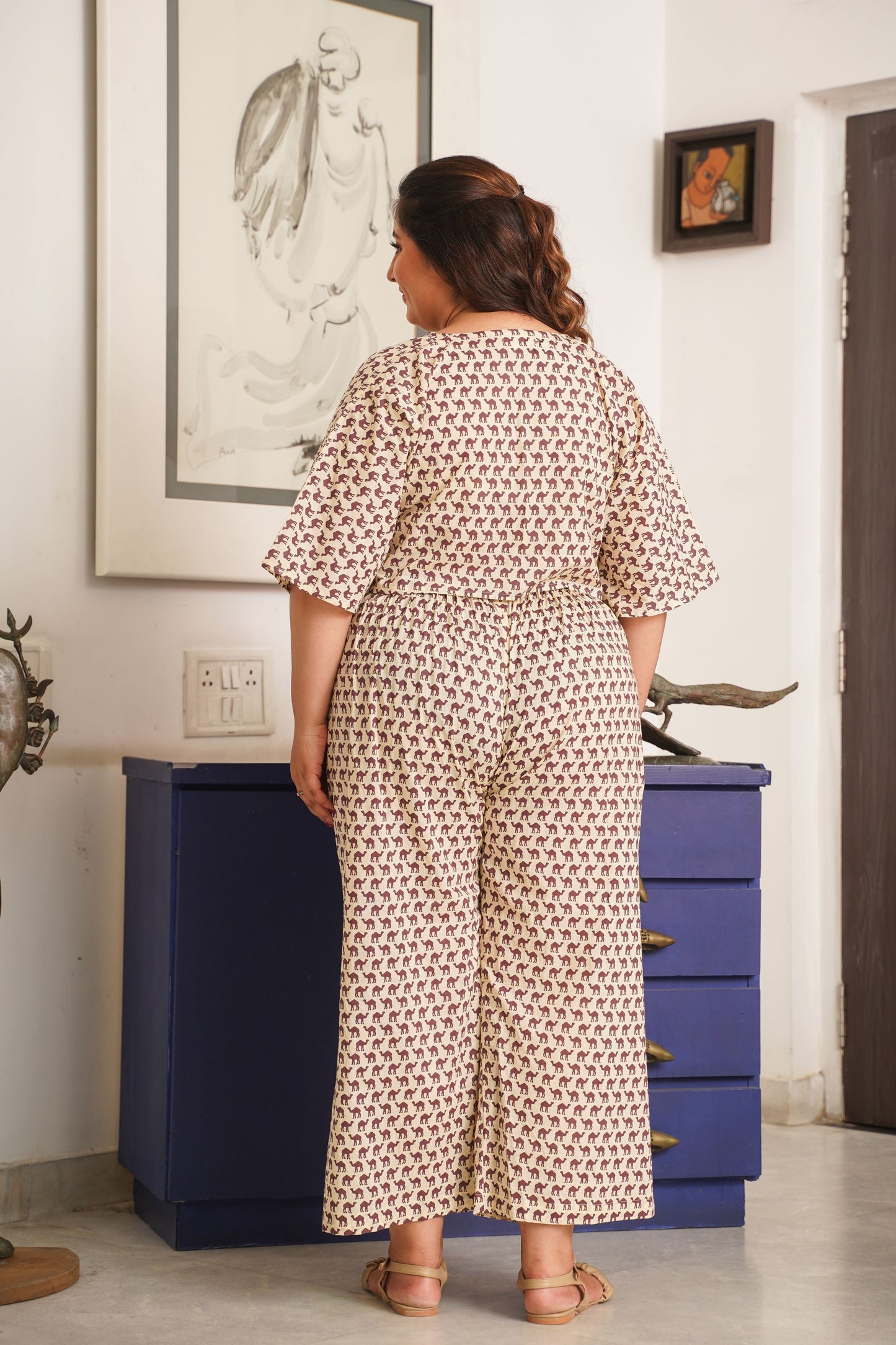 Camel Print Cream Cotton V Neck Co-Ord Set-3