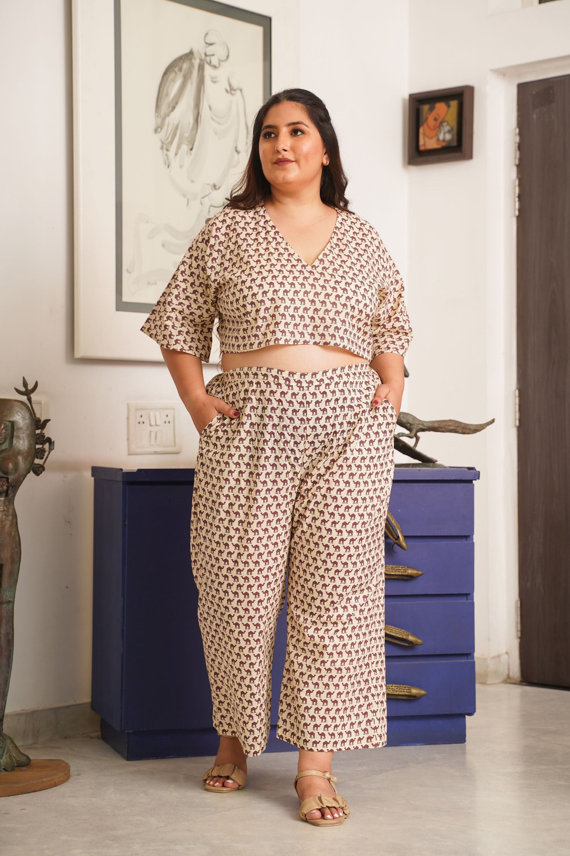 Camel Print Cream Cotton V Neck Co-Ord Set-1