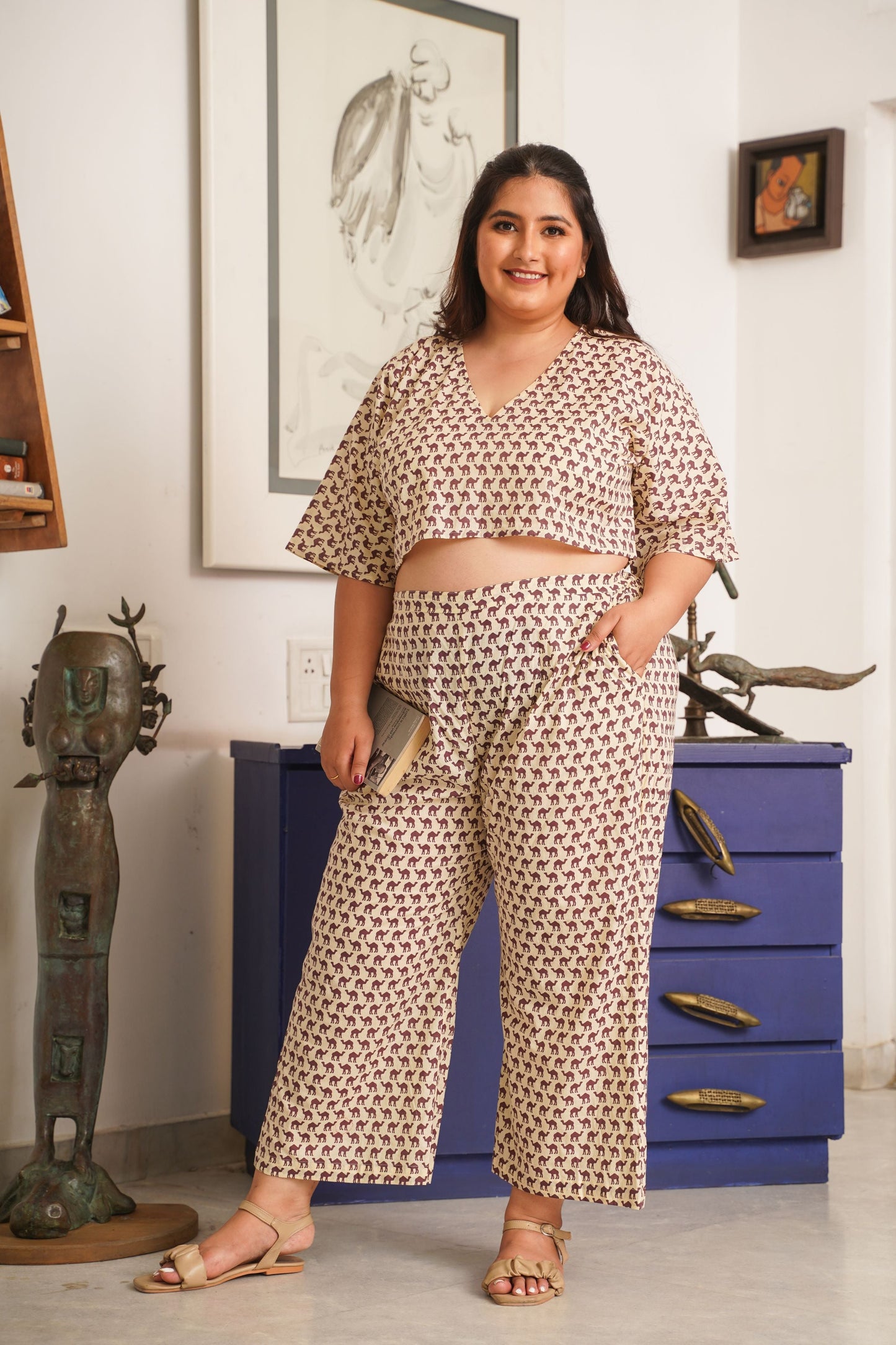 Camel Print Cream Cotton V Neck Co-Ord Set-0