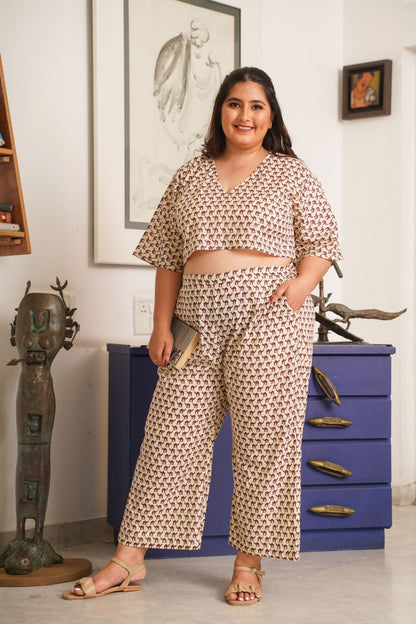 Camel Print Cream Cotton V Neck Co-Ord Set-0