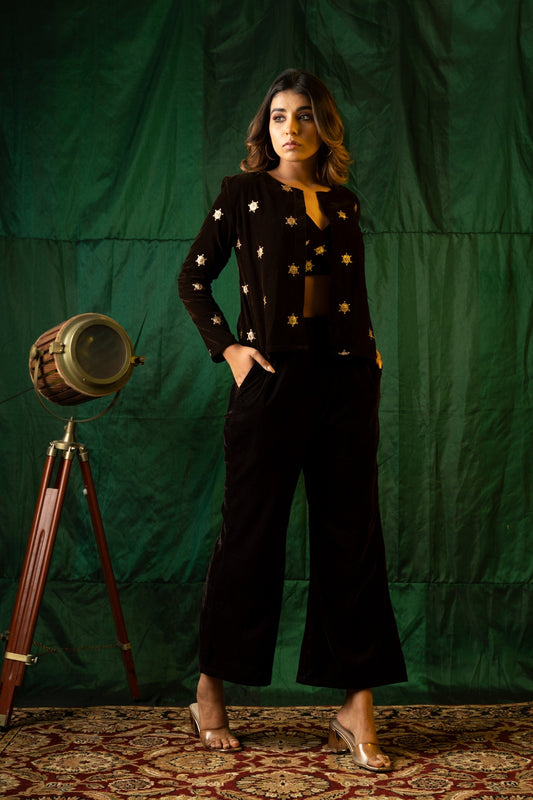 Brown Embroidered Velvet Jacket-0