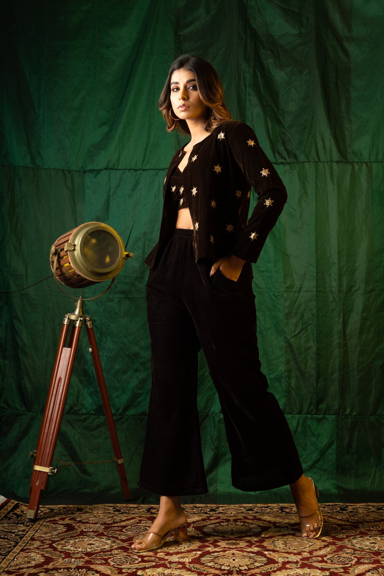 Brown Embroidered Velvet Jacket-4