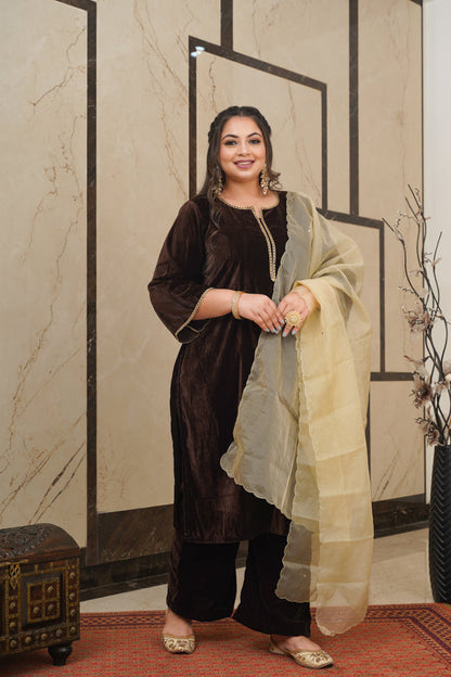Brown Velvet Kurta Set - (Set of 3)-1