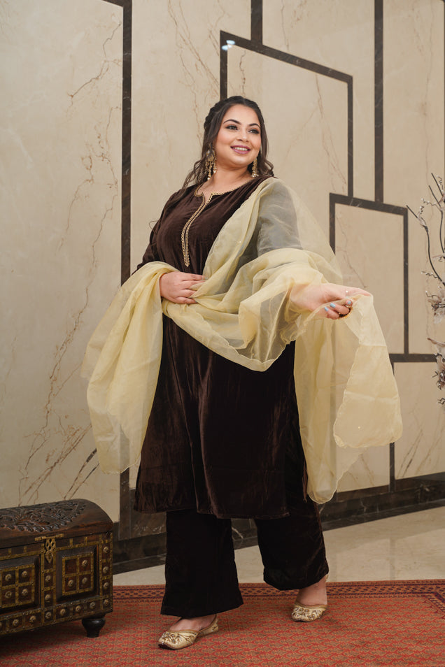 Brown Velvet Kurta Set - (Set of 3)-4