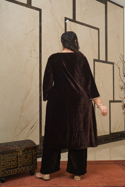 Brown Velvet Kurta Set - (Set of 3)-2