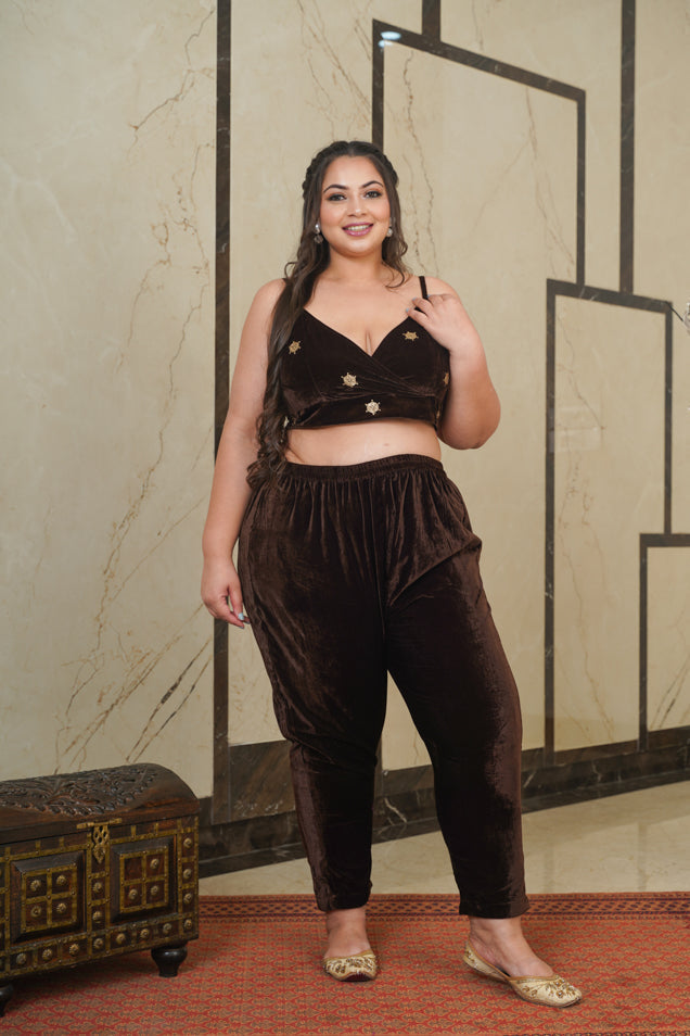 Brown Velvet Gold Bralet-Plus Size-3