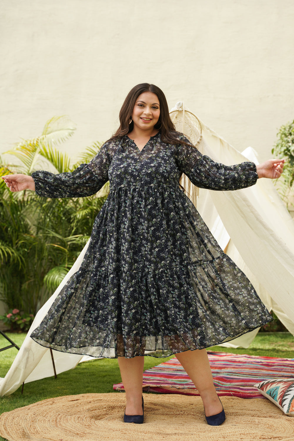 Blue Tiered Georgette Midi Dress-0