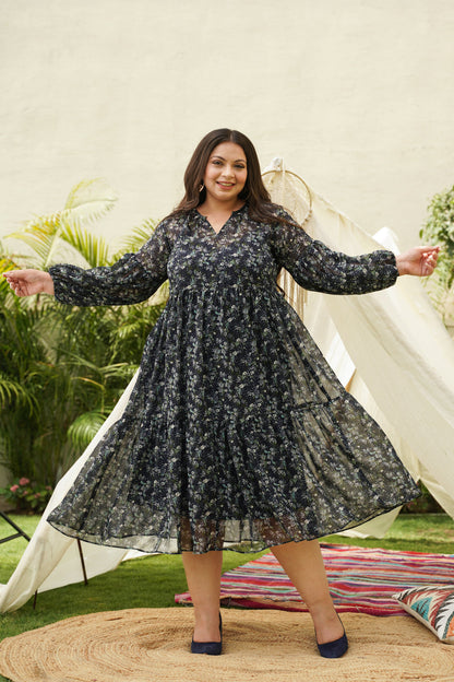 Blue Tiered Georgette Midi Dress-0