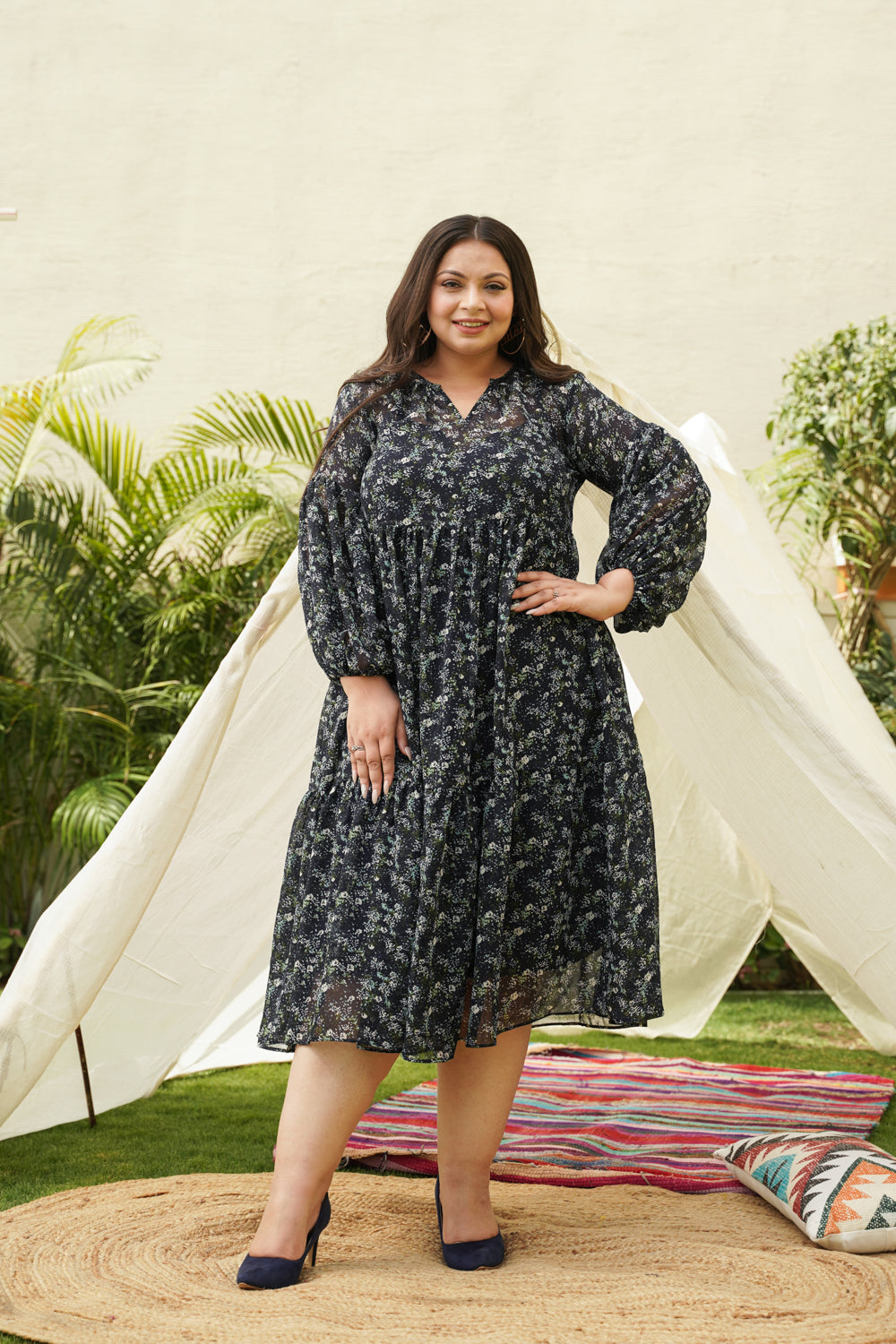 Blue Tiered Georgette Midi Dress-1