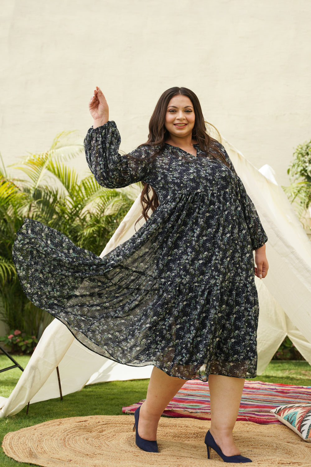 Blue Tiered Georgette Midi Dress-2