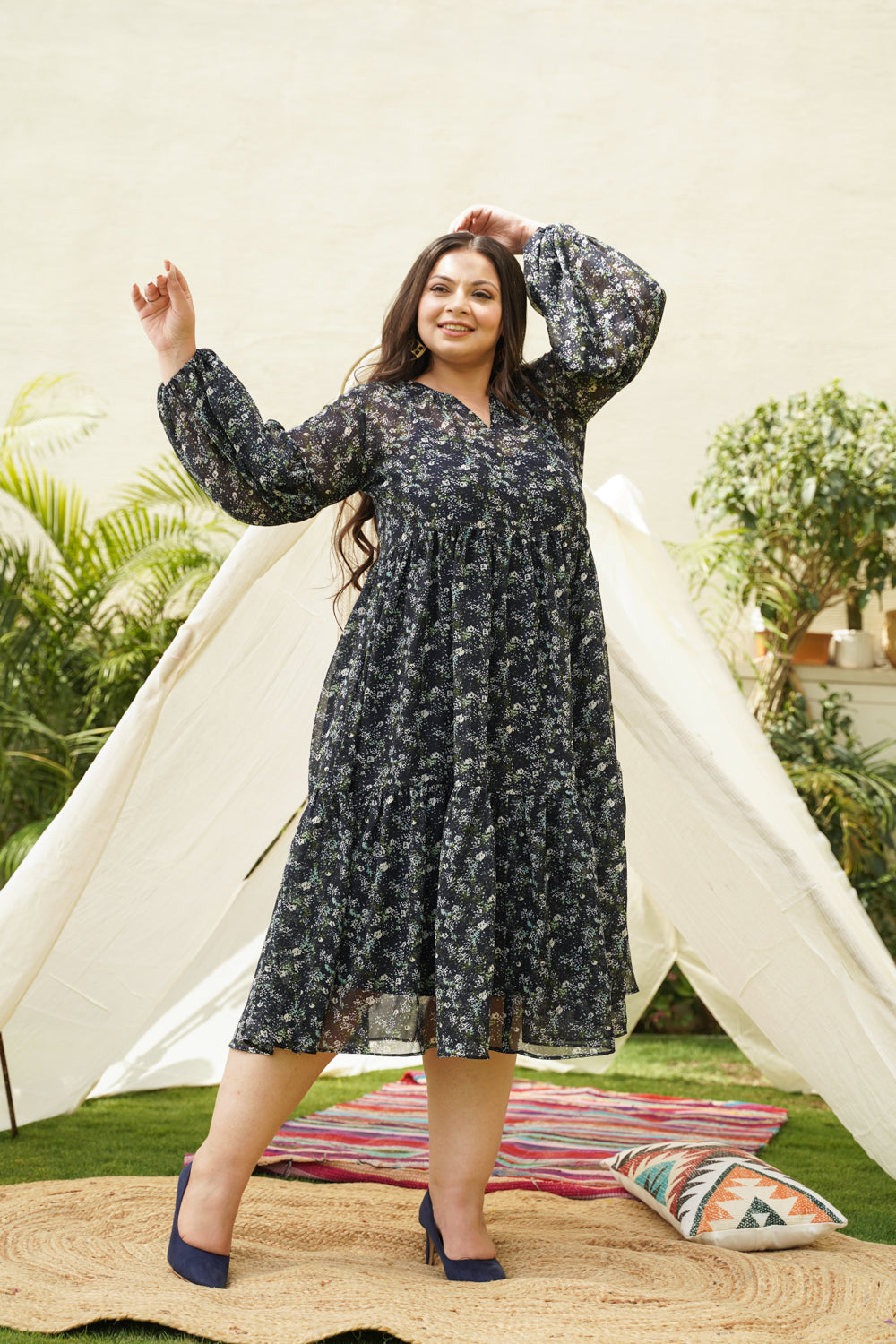 Blue Tiered Georgette Midi Dress-3