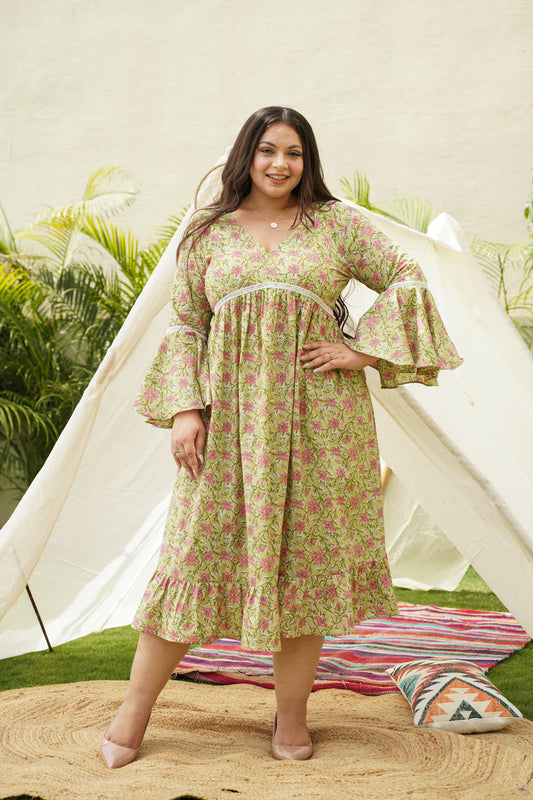 Lime Cotton Floral Ruffle Dress-0