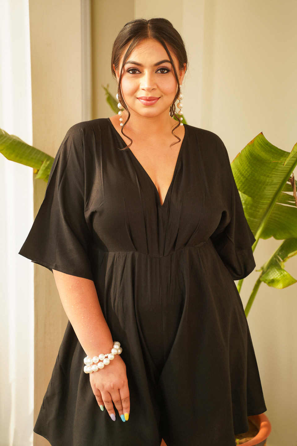 Black Modal V-Neck Romper Dress-2