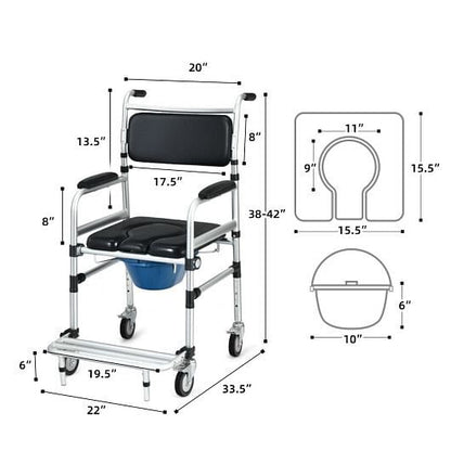 2-in-1 Aluminum Commode Shower Wheelchair with Locking Casters-3