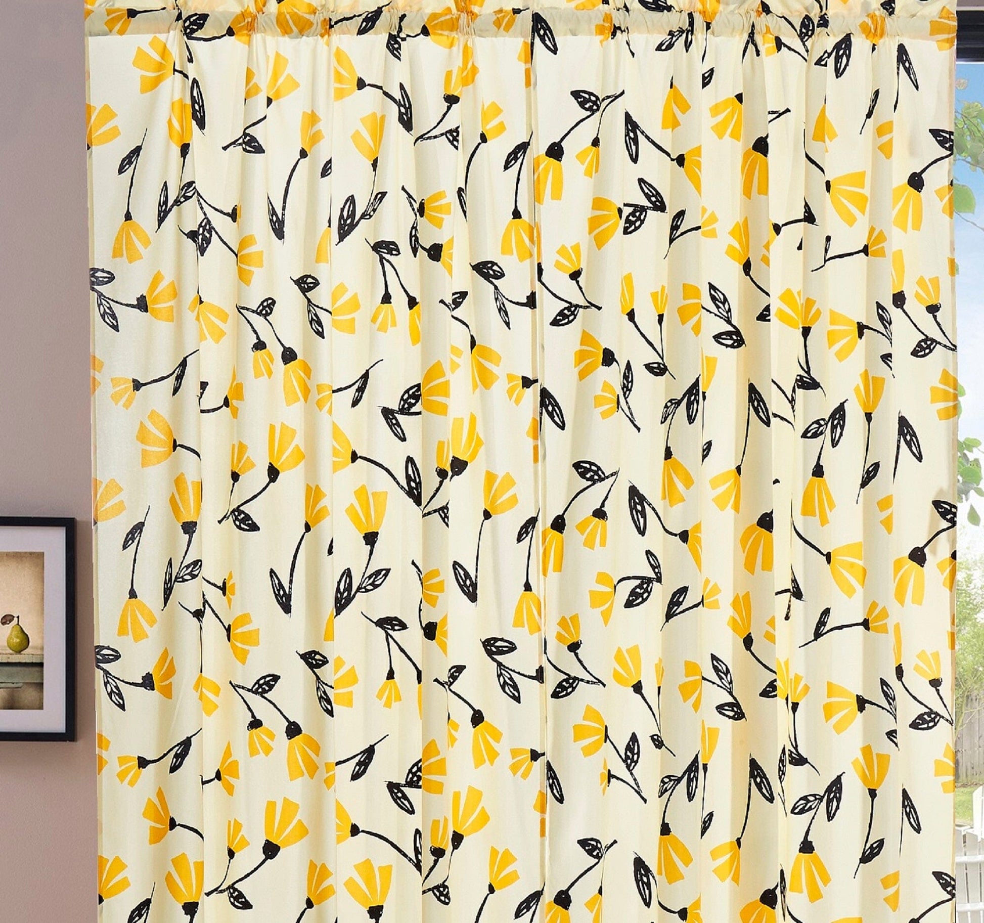 DaDa Bedding Set of 2 Botanical Floral Window Curtain Panels - Natural Semi Sheer Yellow Fleur Golden Orange Spring Time Tulips Straight Tailored Edge-4