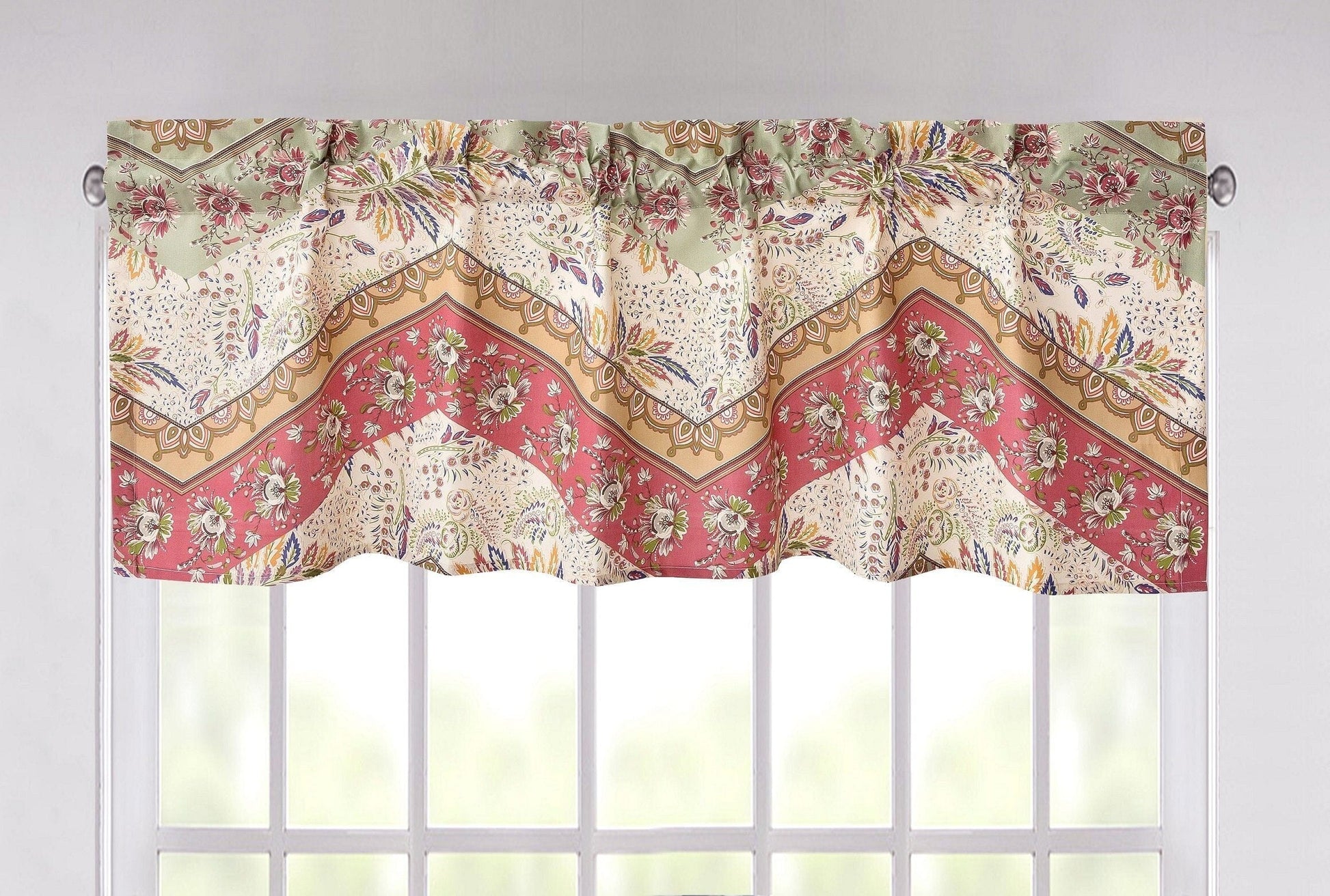 DaDa Bedding Rustic Cranberry Sage Chevron Floral Window Curtain Valance - 18" x 52" (JHW-924)-0