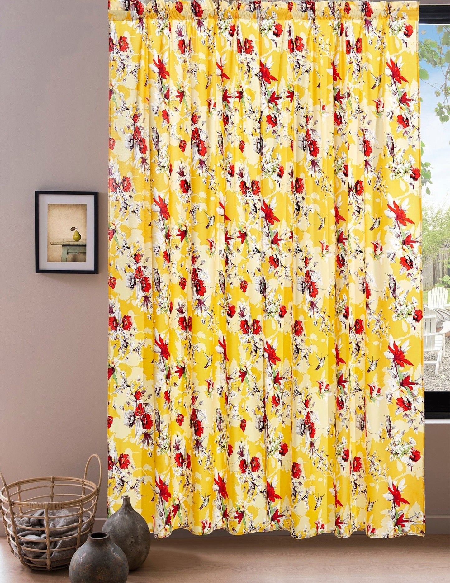 DaDa Bedding Set of 2 Radiant Sunshine Yellow Floral Window Curtain Panels - Natural Semi Sheer Hummingbirds Farmhouse Red Flowers Straight Tailored Edge-5